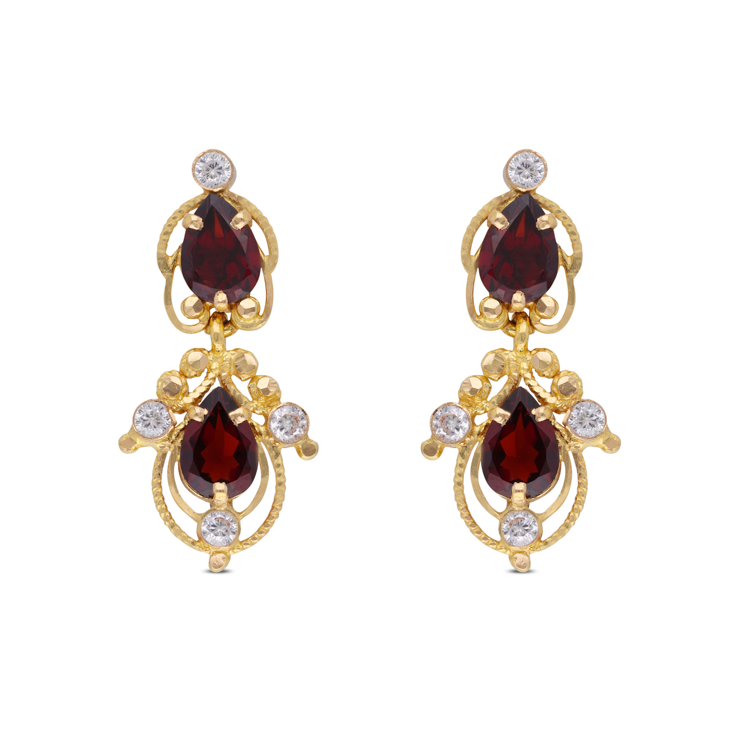 Elegant Gold Ear Drops with Garnet & White Cubic Zirconia