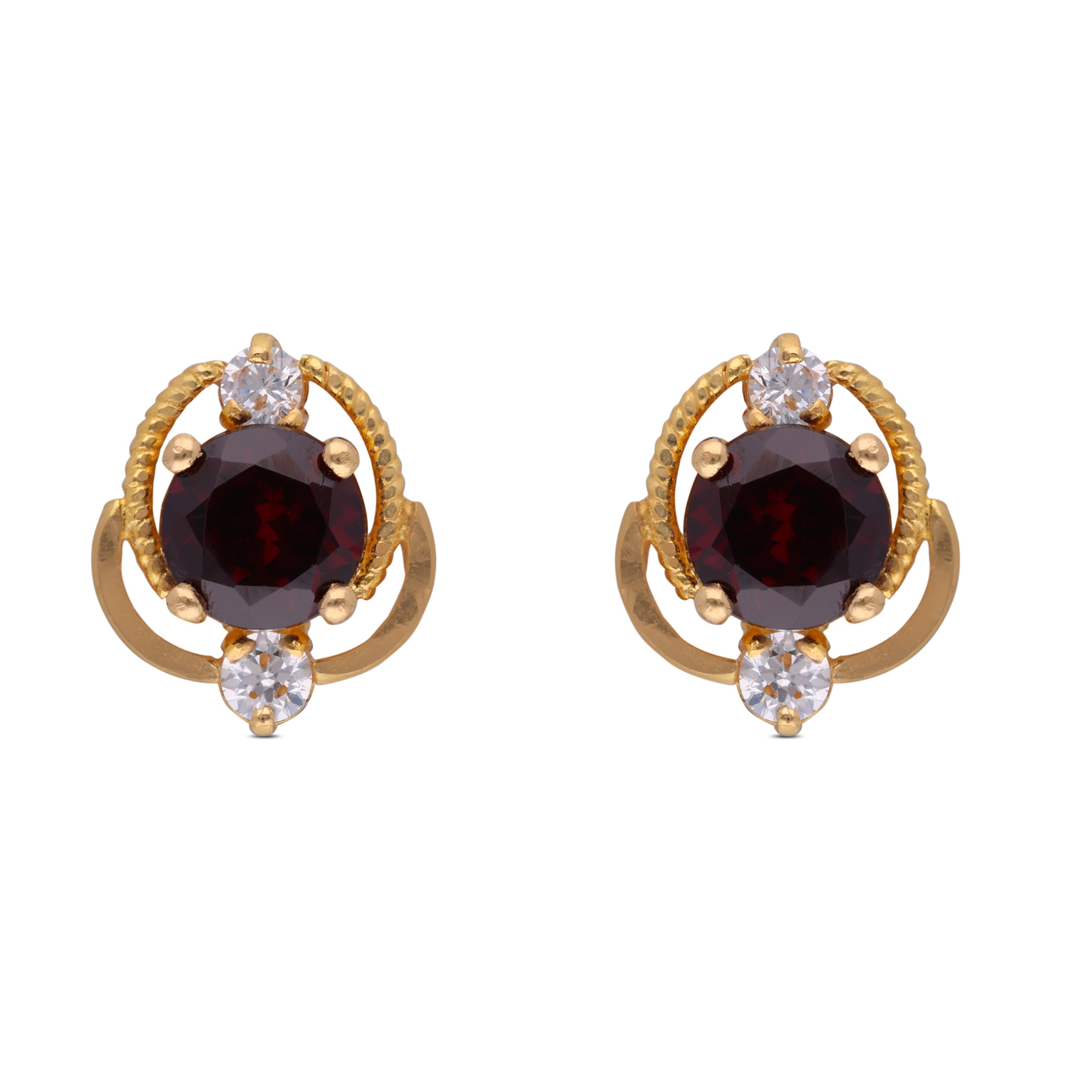 Elegant Gold Ear Studs with Garnet & White Cubic Zirconia