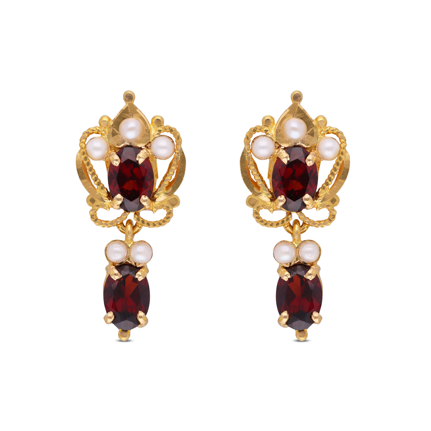 Elegant Gold Ear Drops with Garnet & Button Pearls