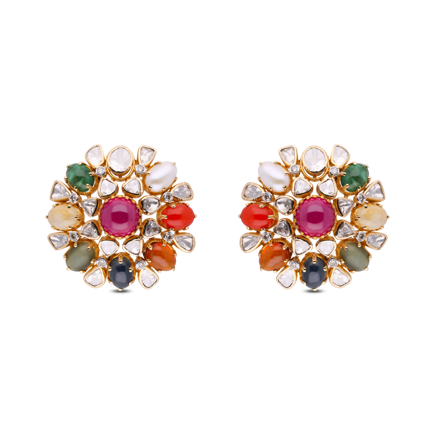 Exquisite Gold Navaratna Ear Studs – A Celestial Fusion of Nine Gems
