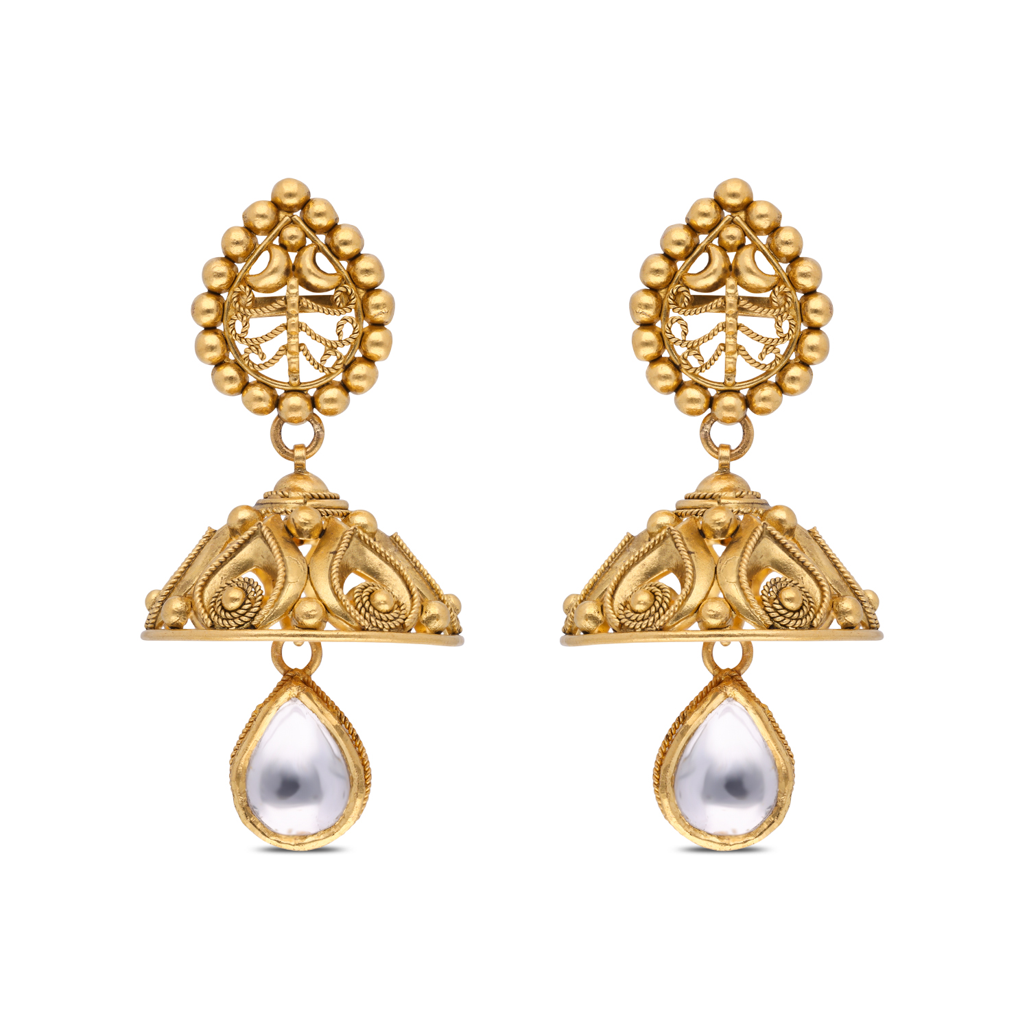 Gold Jhumka Ear Drops with Kundan Stone and Antique Detailing