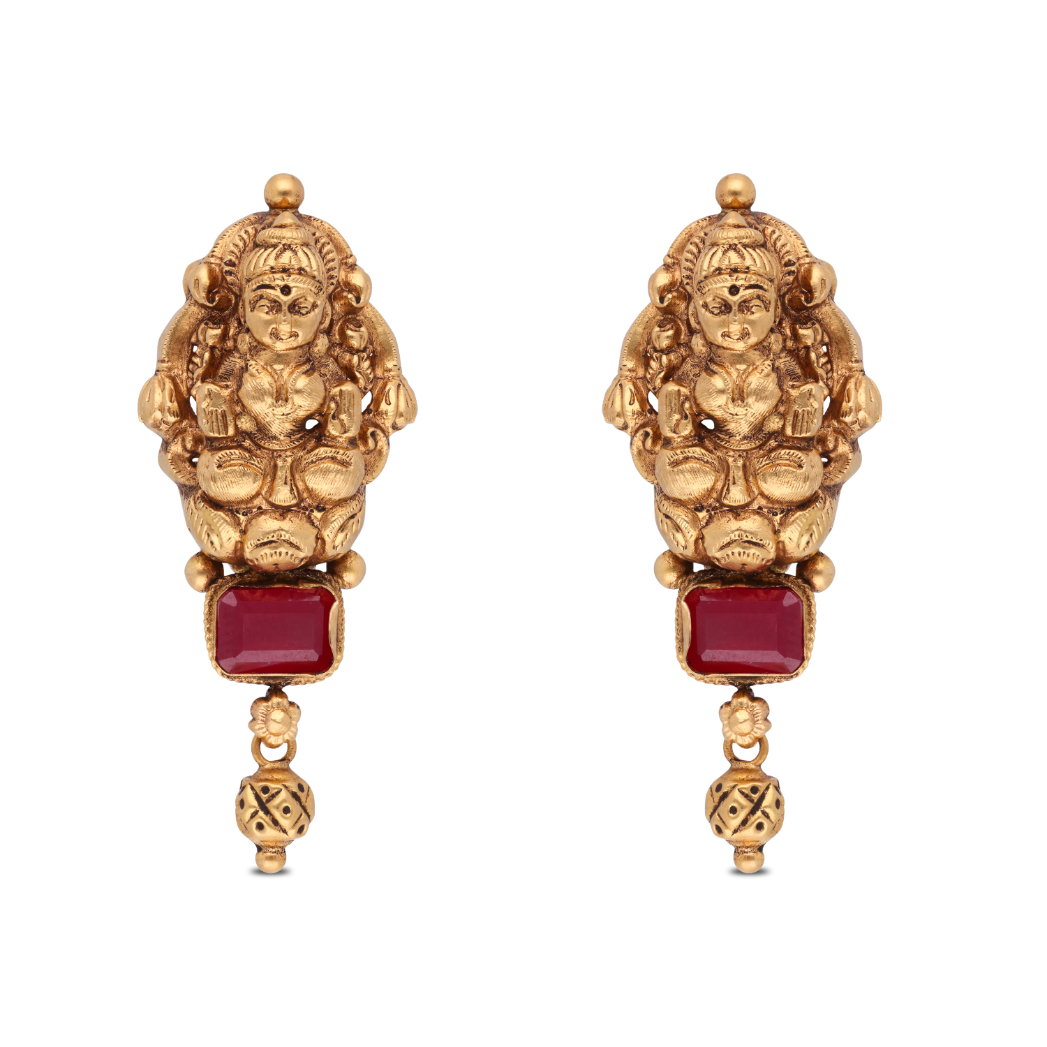 Divine Gold Ear Drops with Sacred Motif & Radiant Red Gemstones