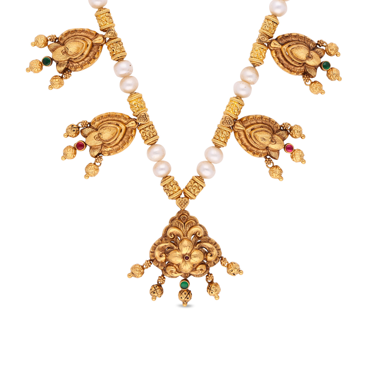 Regal Gold Necklace with Cultured Pearls & Ornate Motifs