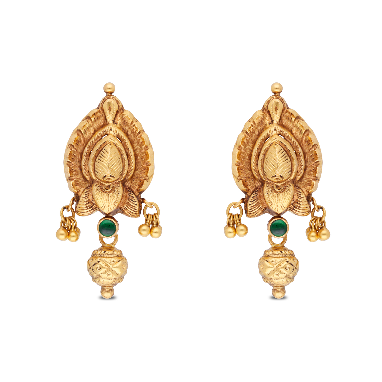 Graceful Gold Ear Drops with Intricate Motif & Enchanting Green Gemstone