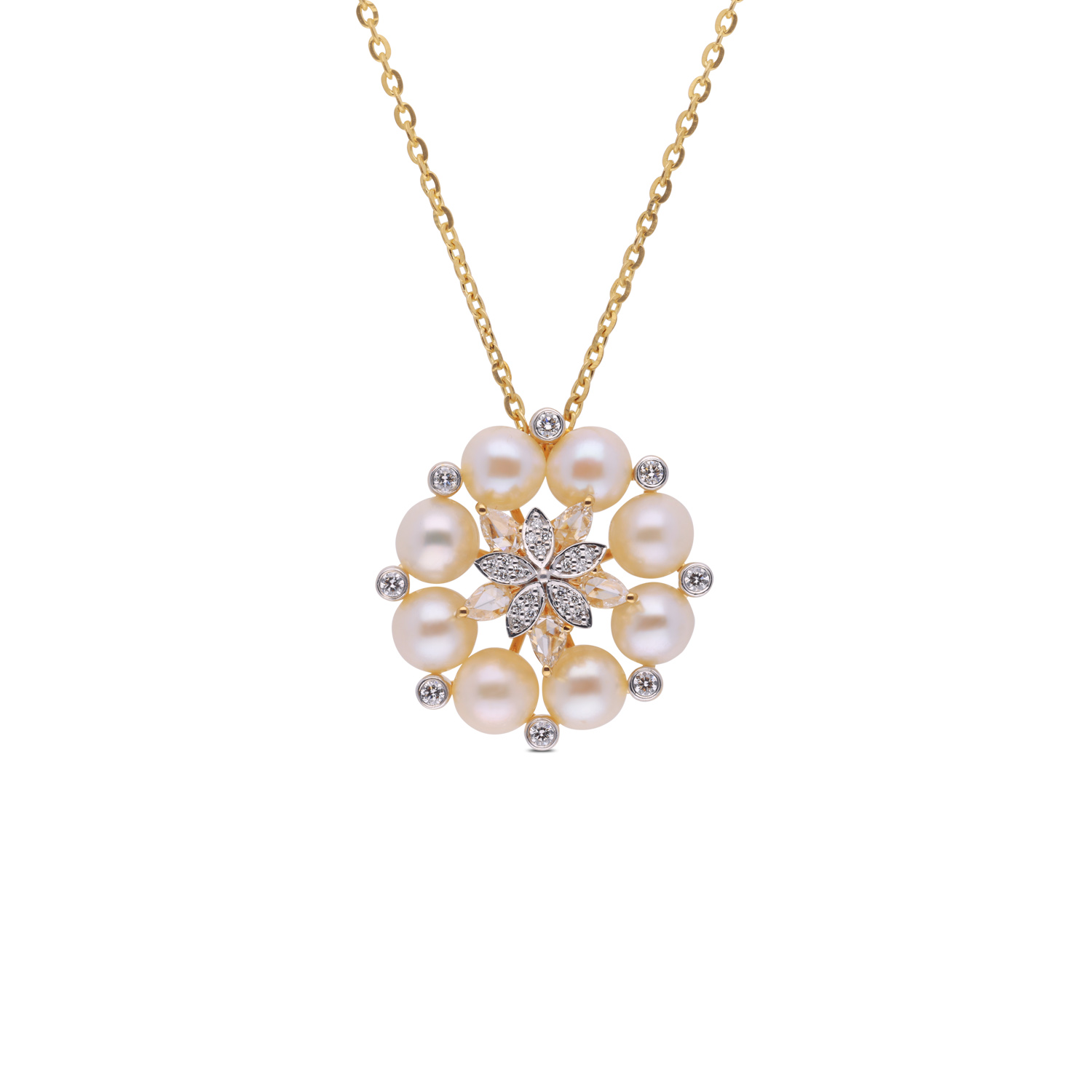 Floral Gold Diamond Pendant with Cultured Pearls – A Timeless Bloom of Elegance