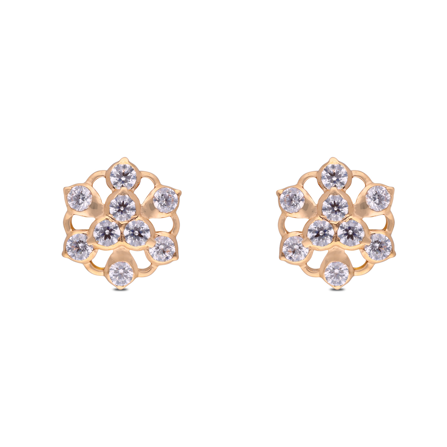 Floral Radiance Gold Ear Studs with White Cubic Zirconia
