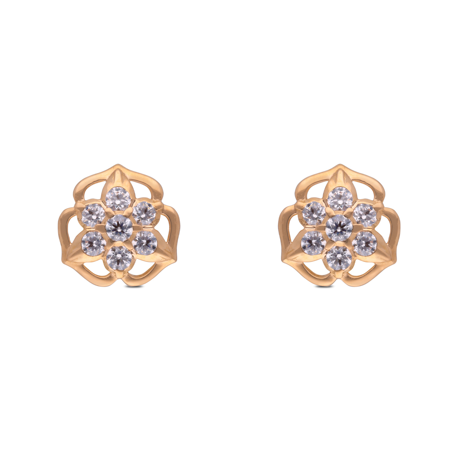 Floral Brilliance Gold Ear Studs with White Cubic Zirconia