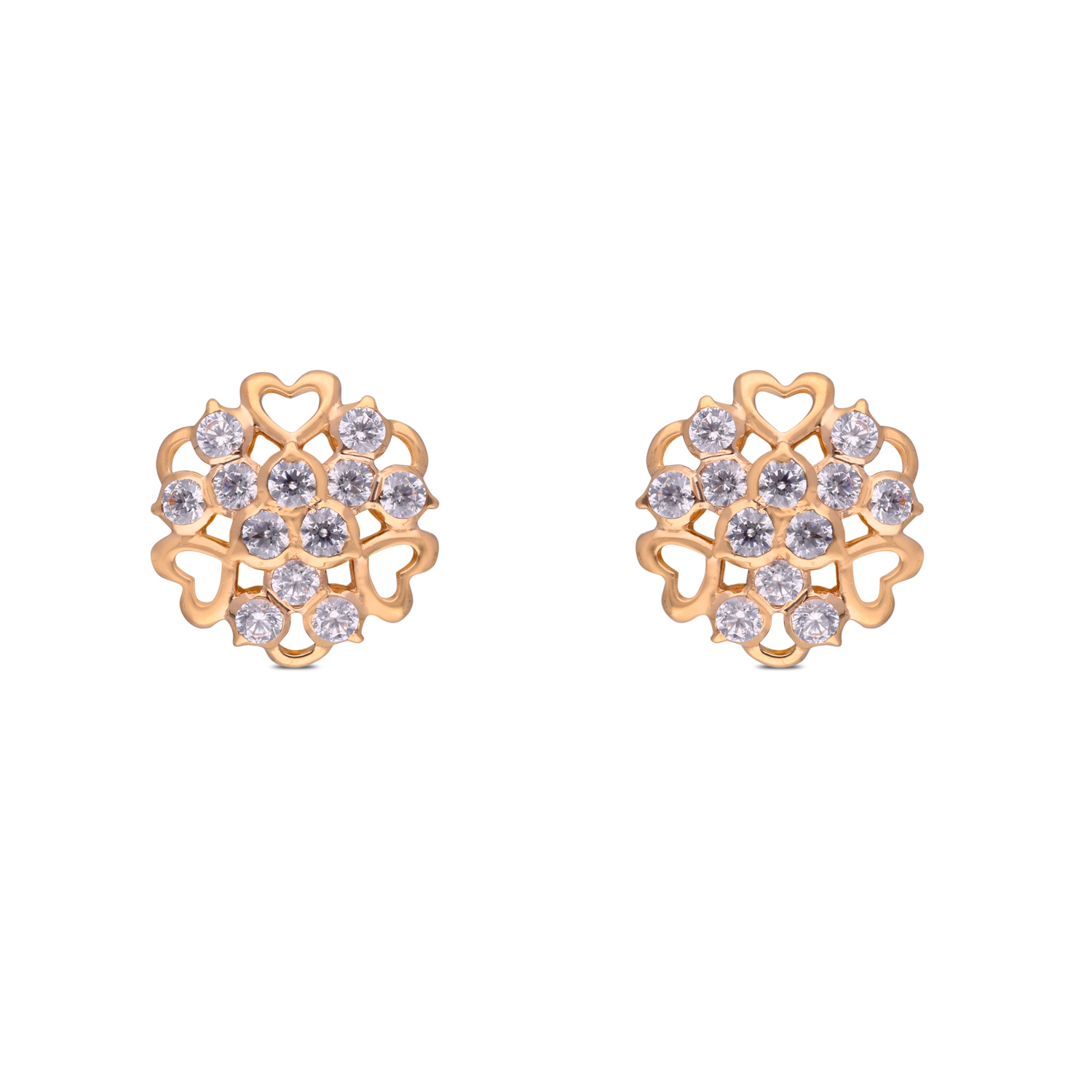 Heart Blossom Gold Ear Studs with White Cubic Zirconia