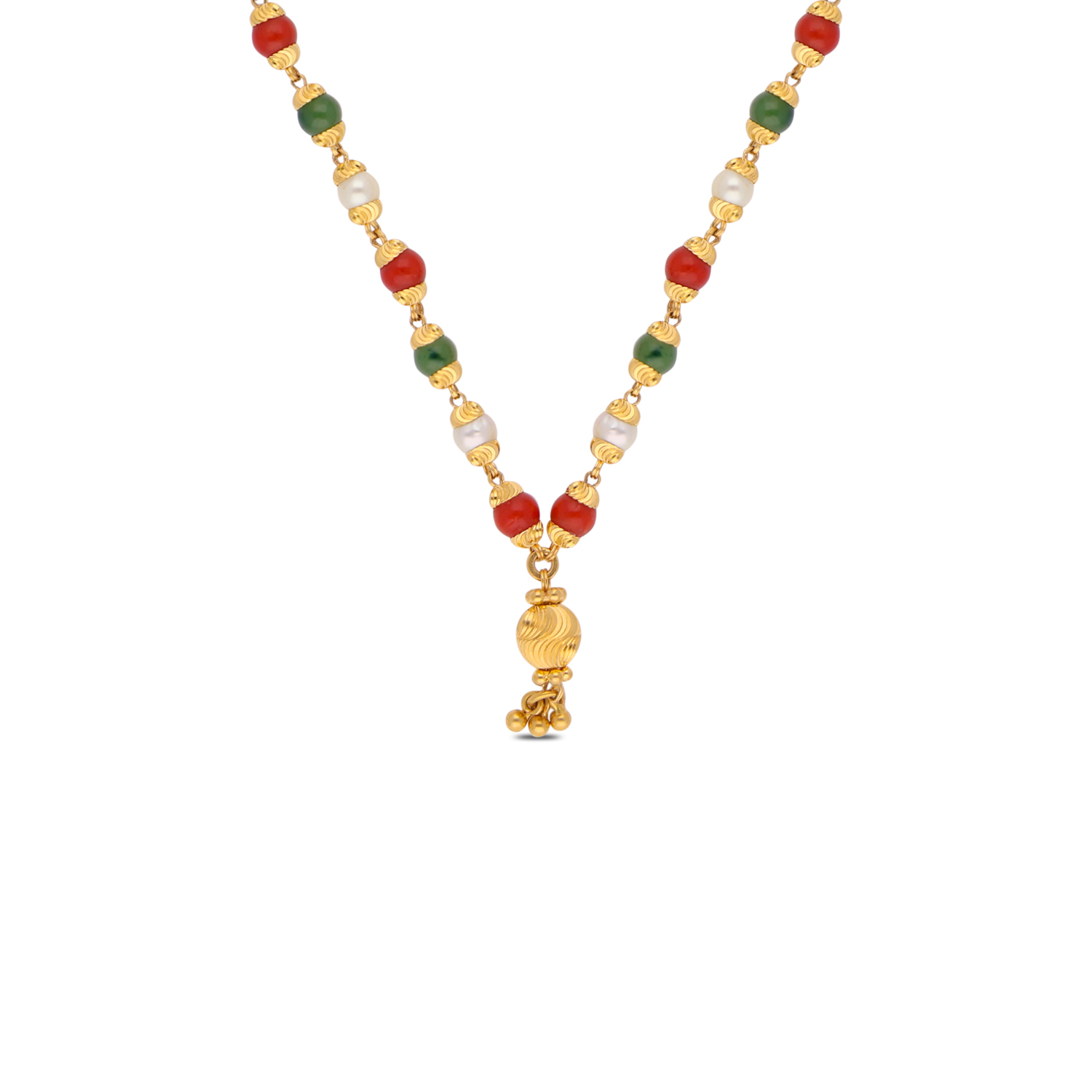 Vibrant Coral Bead Gold Chain with Ornate Pendant