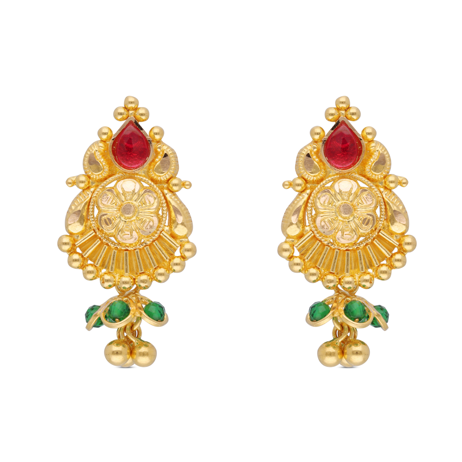 Vedhika Traditional Gold Drops with Red & Green Stones