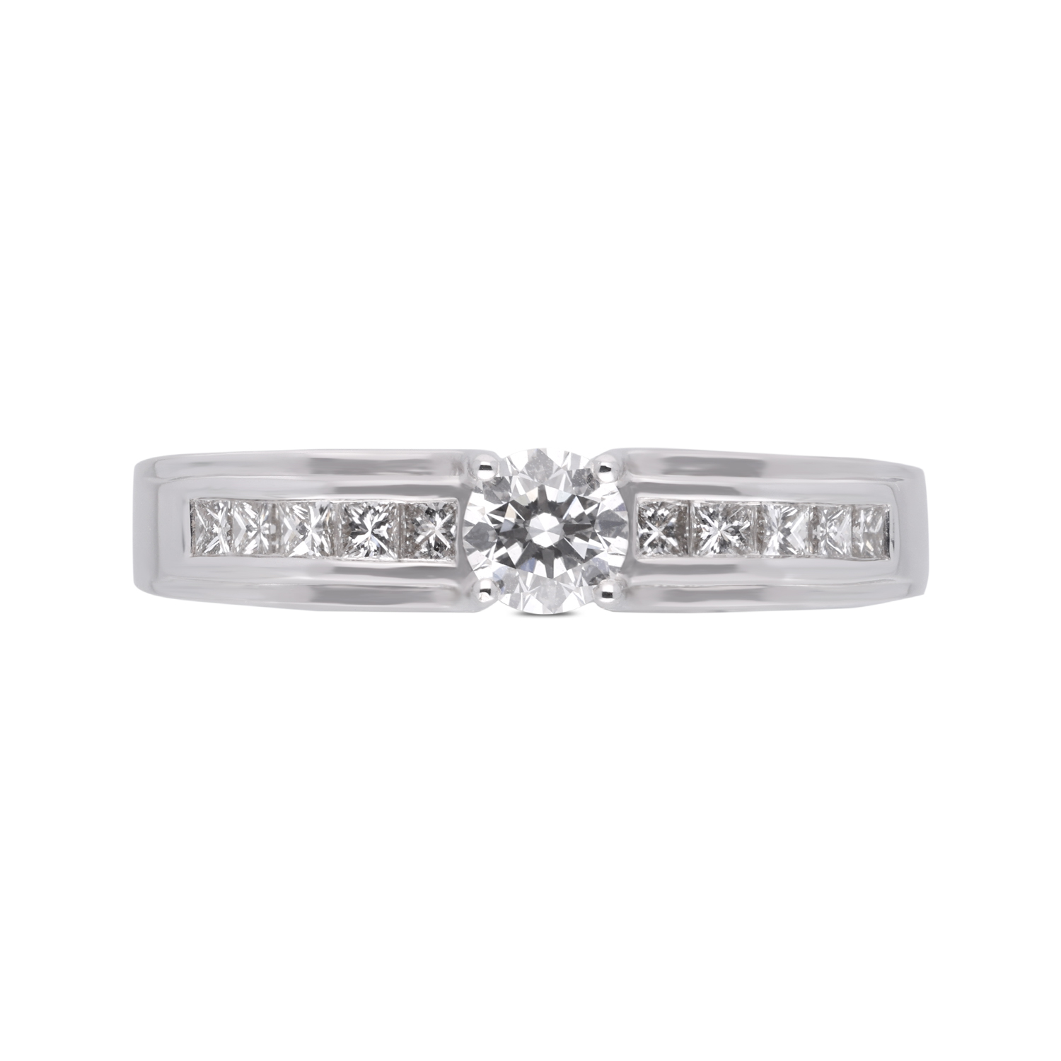 White Gold Band Ring with Channel-Set Princess Diamonds and Brilliant Solitaire Center