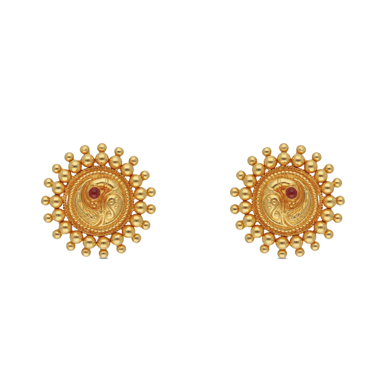 Temple-Inspired Gold Earstuds with Filigree and Red Stone Accent