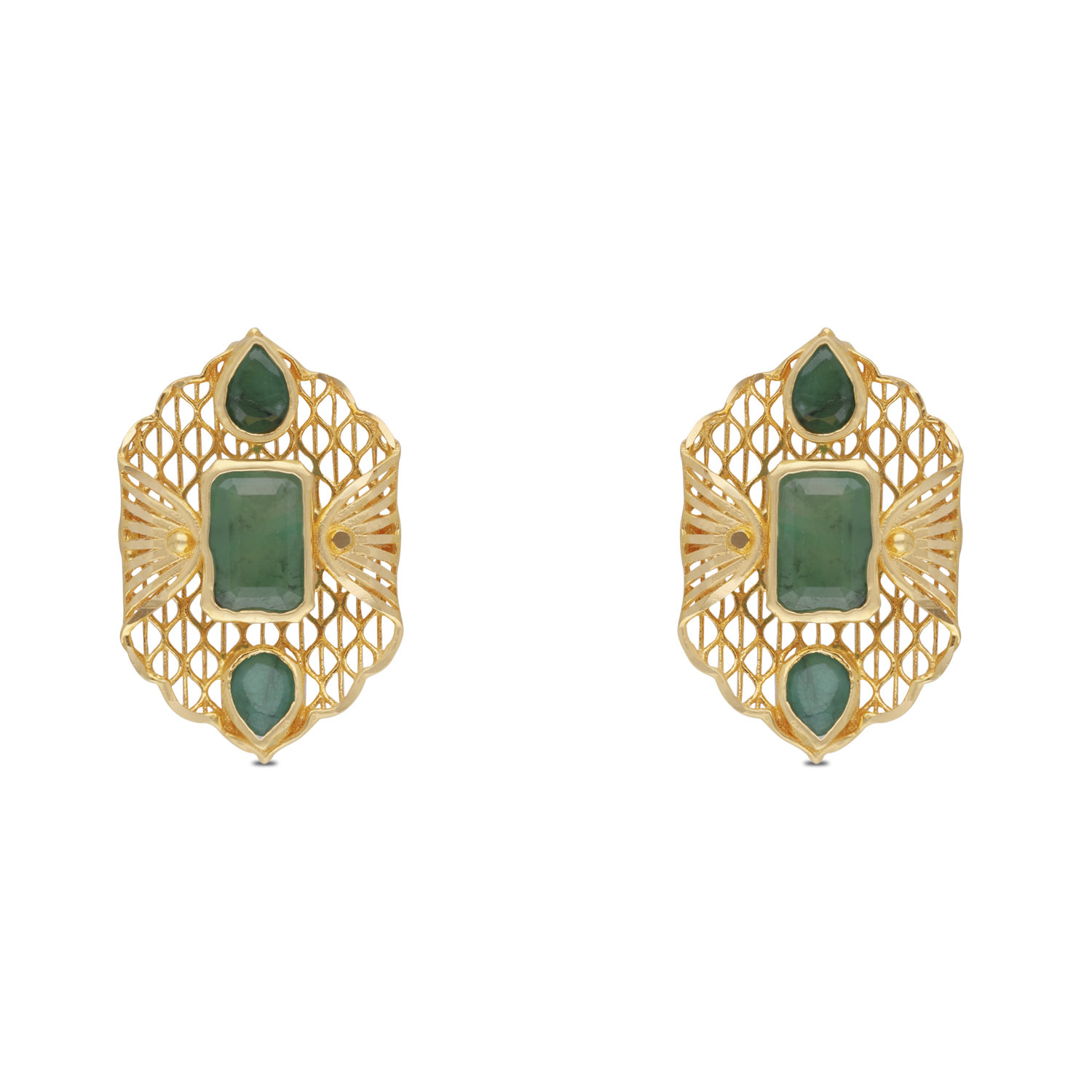 Filigree Gold Earstuds with Emerald Trio in Geometric Frame