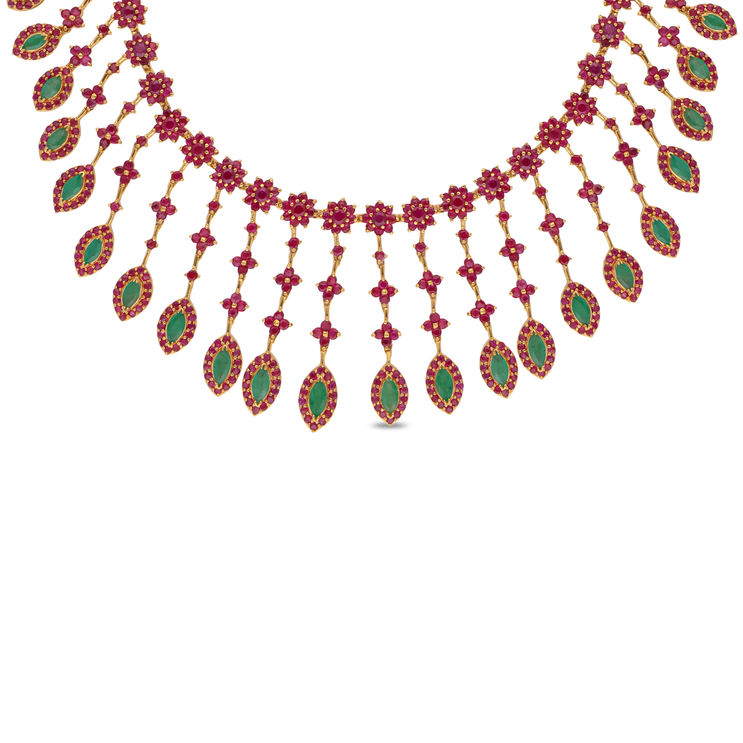 Grand Ruby & Emerald Gold Necklace with Cascading Floral Motif