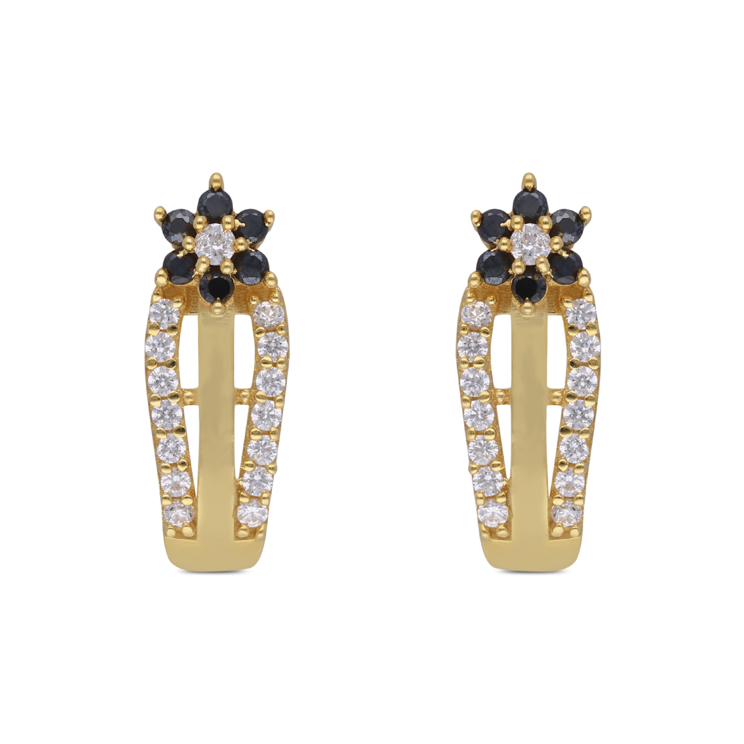 Chic Floral Gold Ear Studs with Black and White Cubic Zirconia in a Casting Design