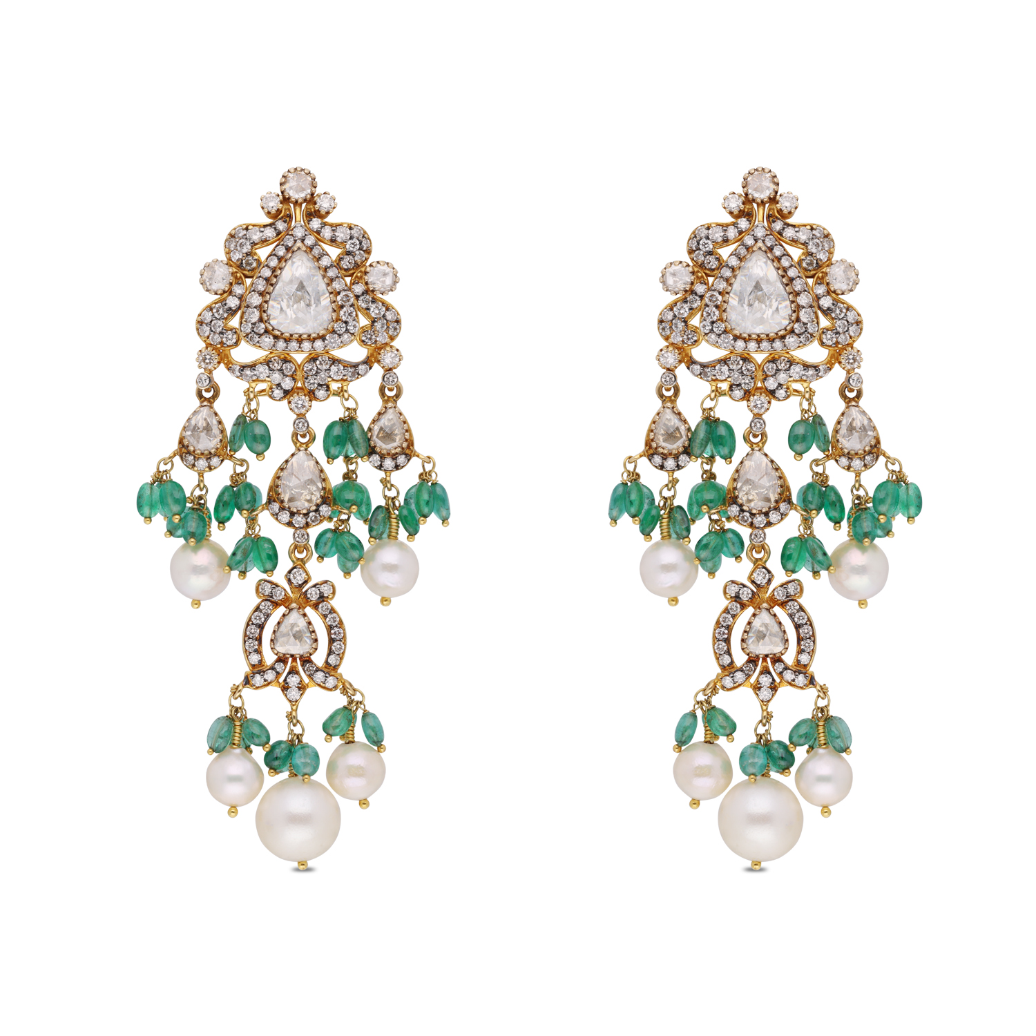 Heritage Gold Ear Drops with Rose-Cut Diamonds, Emerald Beads & South Sea Pearls