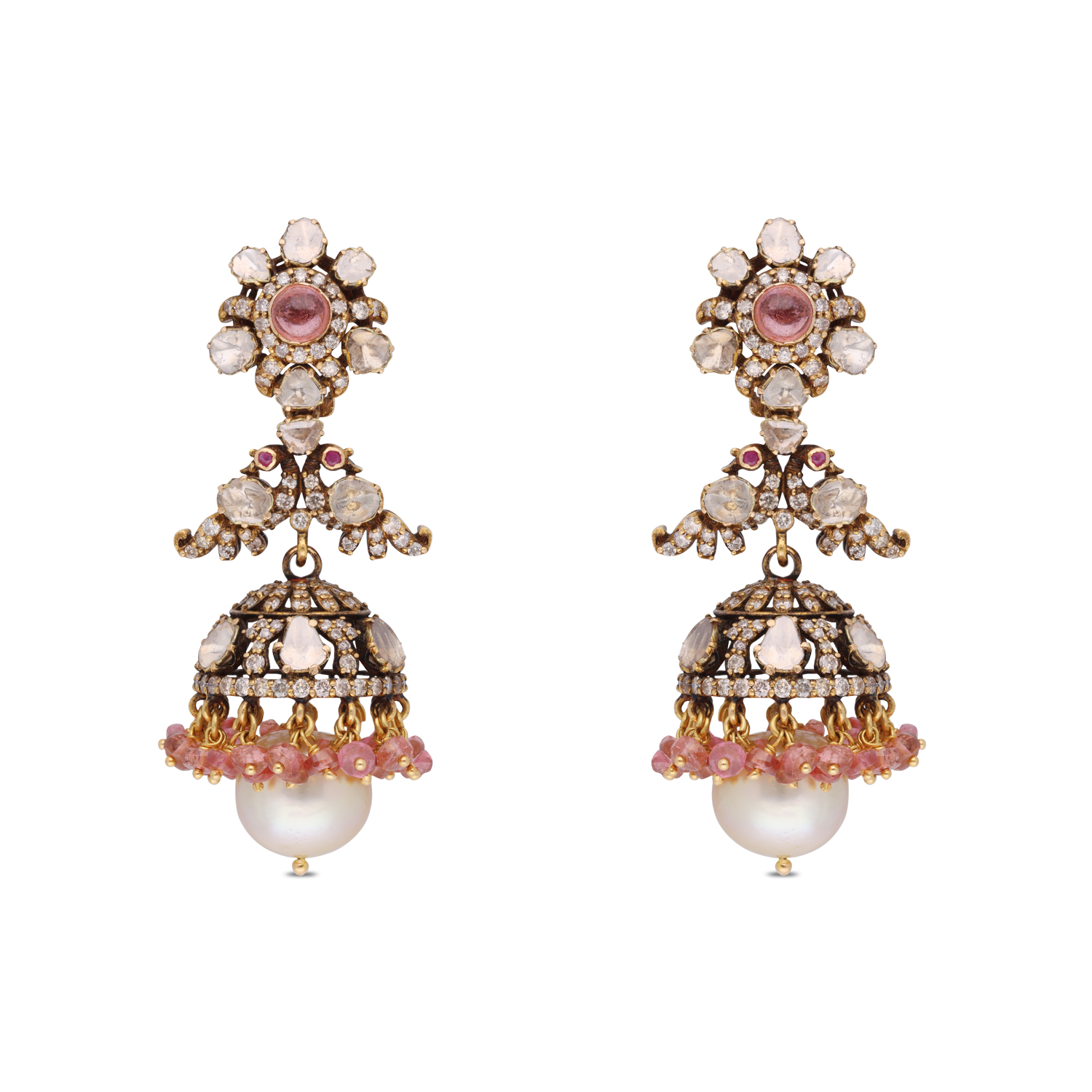 Heritage Jhumka Earrings in Gold with Rose Cut Diamonds, Tourmaline, Ruby & South Sea Pearl