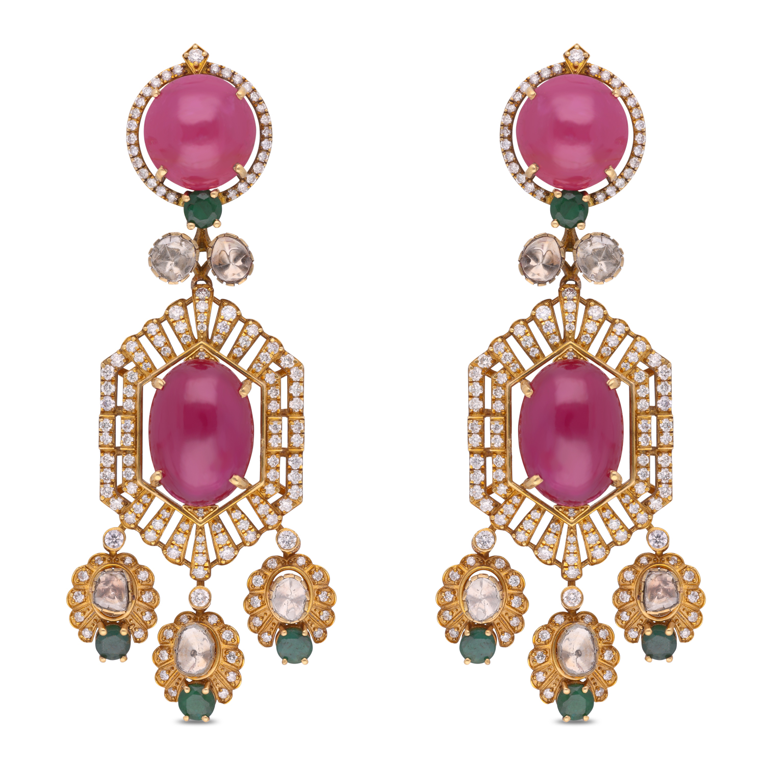 Gold Ear Drops with Ruby, Emerald & Rose Cut Diamonds