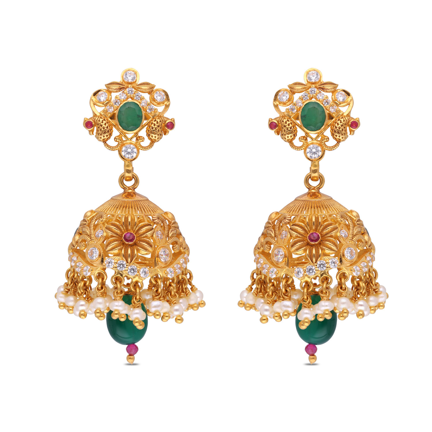 Gold Jhumka Ear Drops with Emerald, Ruby & Pearl Accents
