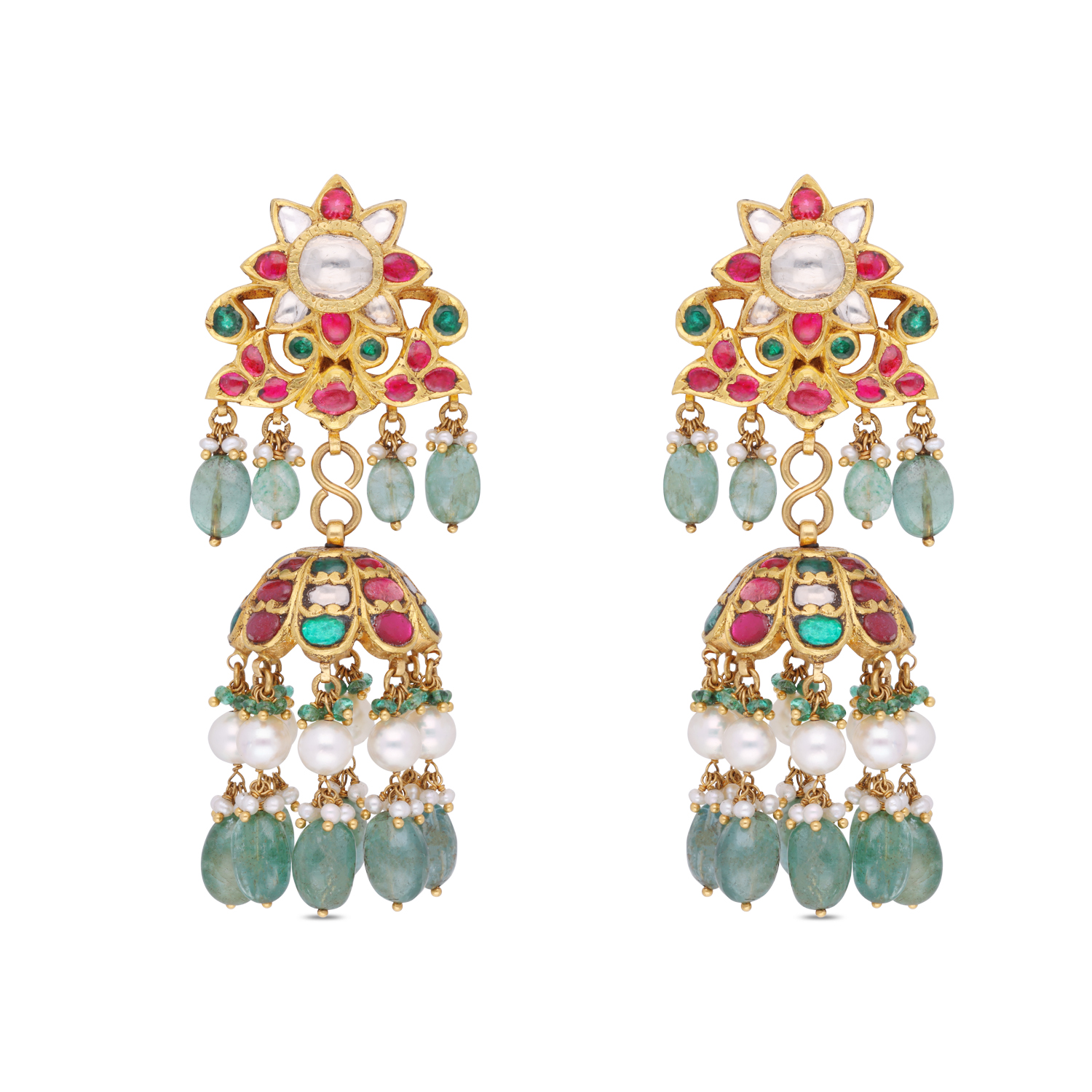 Handcrafted Gold Jhumka Ear Drops with Ruby, Emerald & Cultured Pearls