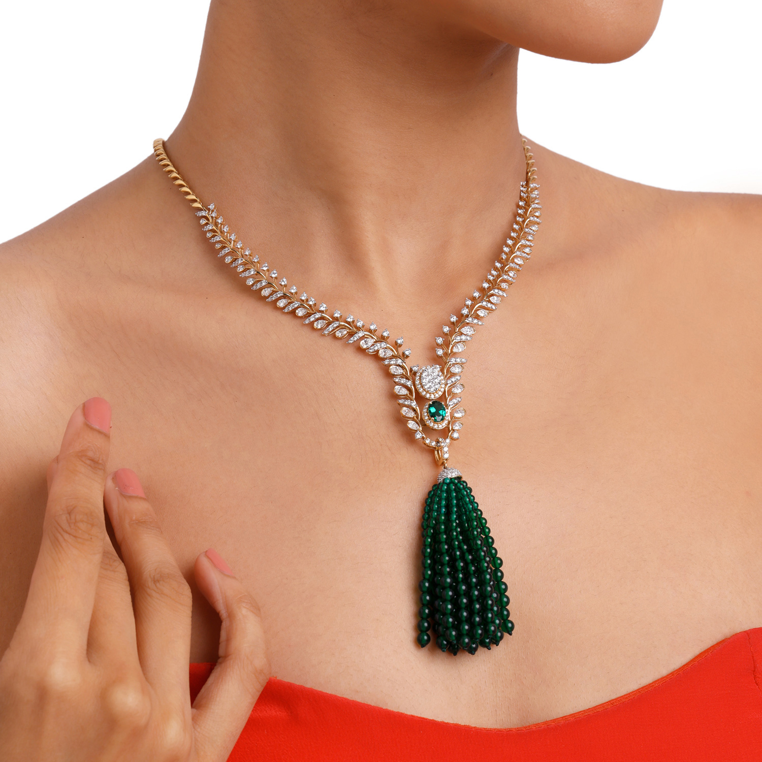 Diamond Necklace with Emerald Green Bead Tassel Drop