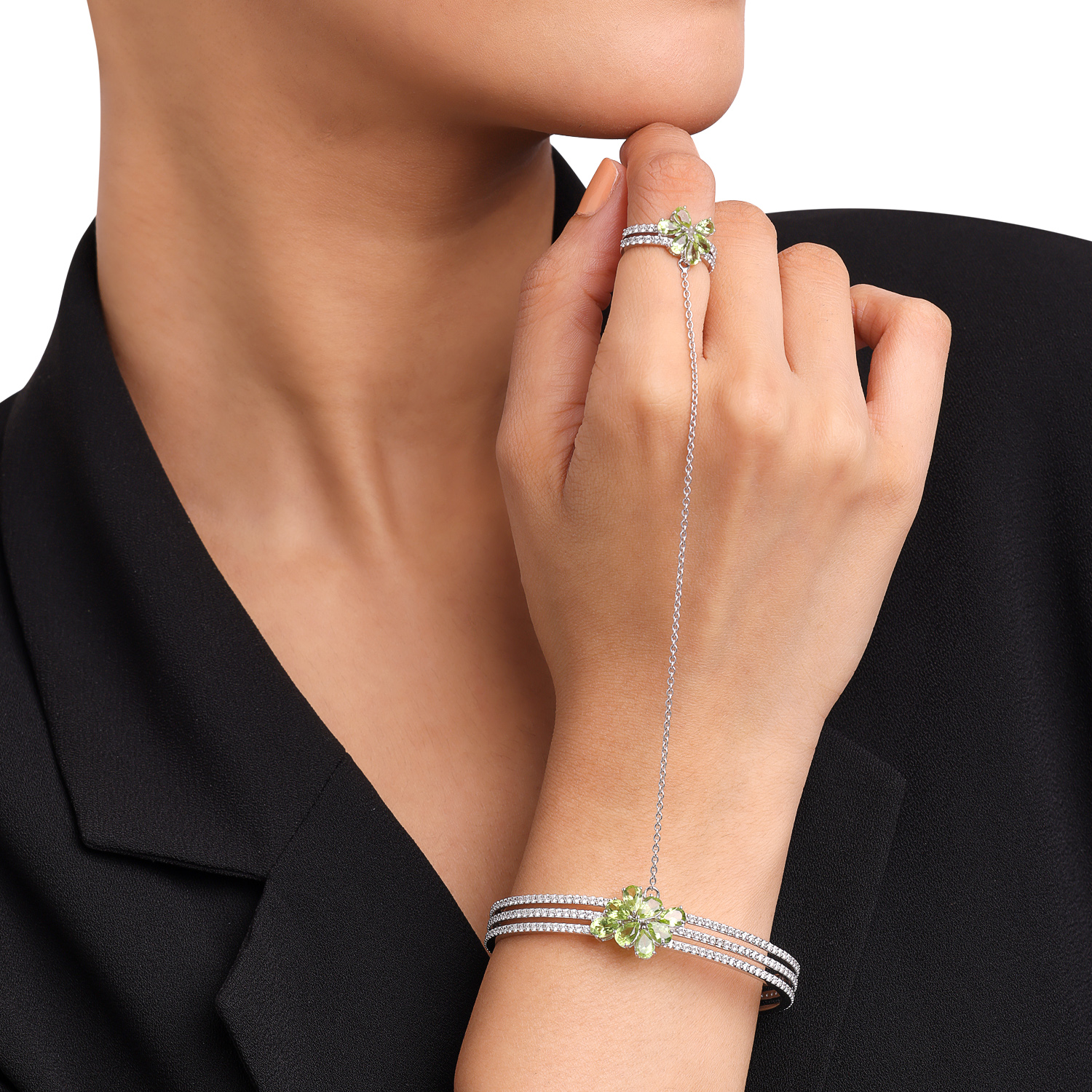 Diamond & Peridot Chain-Linked Cuff Bracelet Ring