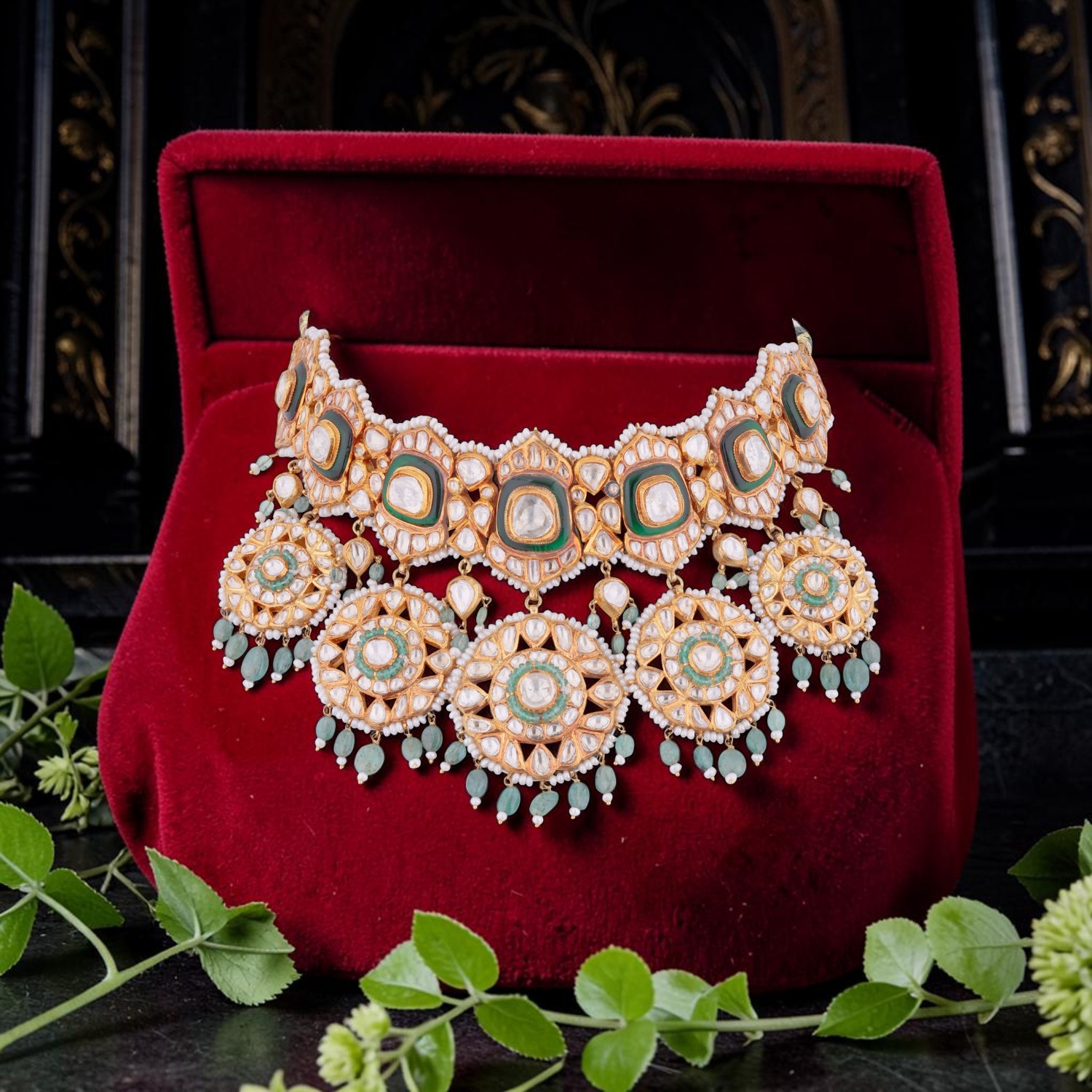Rose Cut Diamond Choker with Emerald Beads & Cultured Pearls