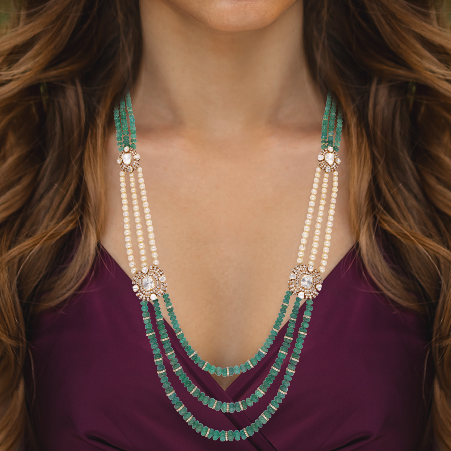 Emerald Cascade Necklace with Valanda Diamonds & Pearl Accents