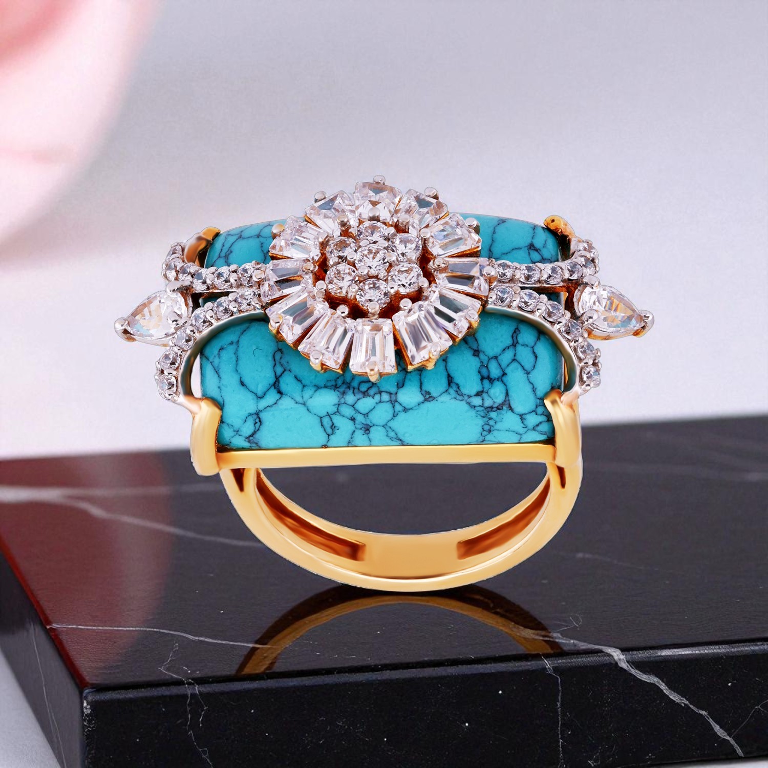 Gold Ring with Synthetic Gemstone & White Cubic Zirconia