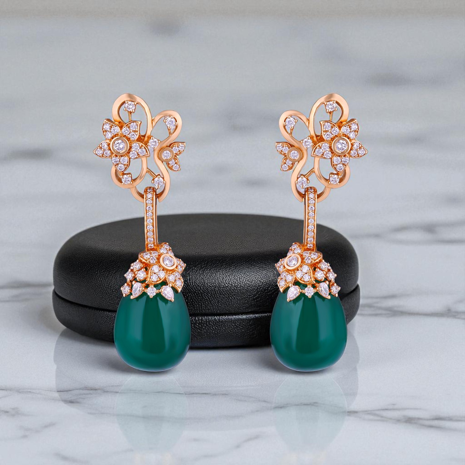 Emerald Grace Gold Drop Earrings with Diamonds