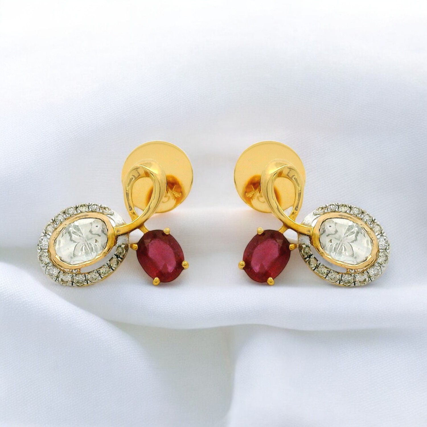 Gold Stud Earrings with Rose-Cut Diamonds & Ruby Gemstones