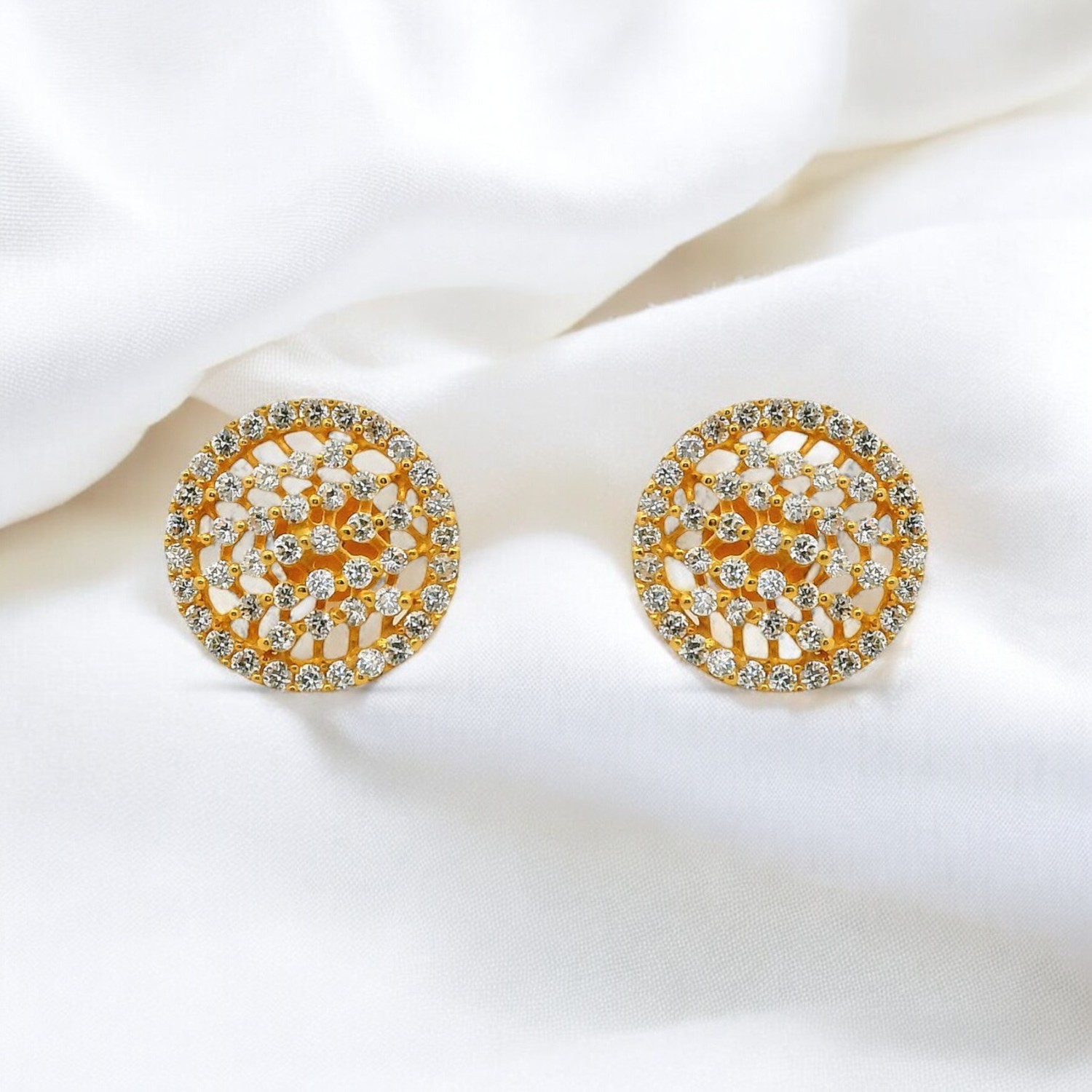 Circular Gold Stud Earrings with White Cubic Zirconia