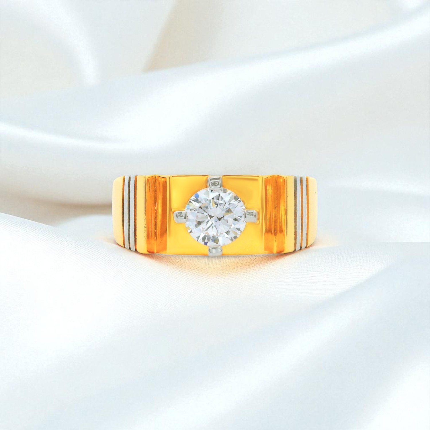 Bold Gold Ring with White Cubic Zirconia Solitaire