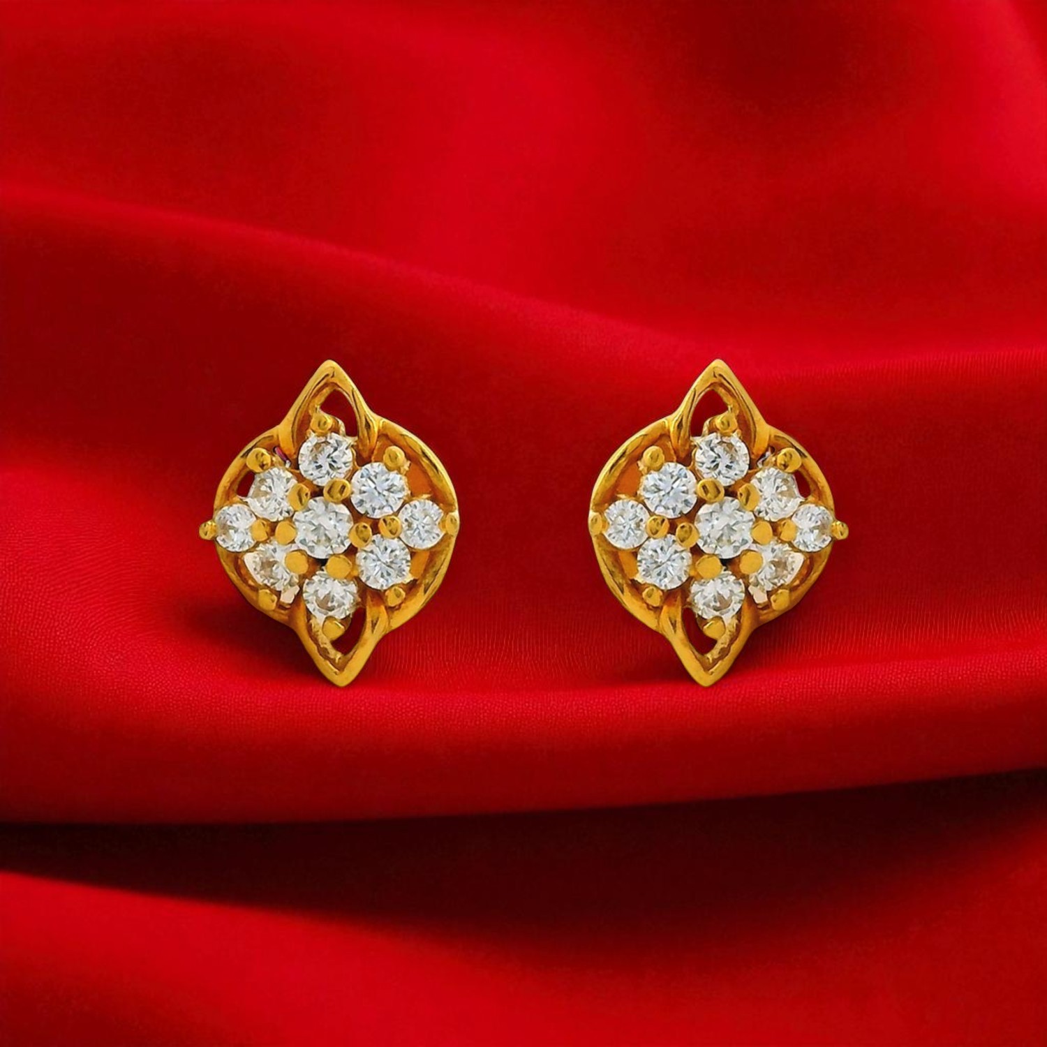 Gold Ear Studs with White Cubic Zirconia Cluster