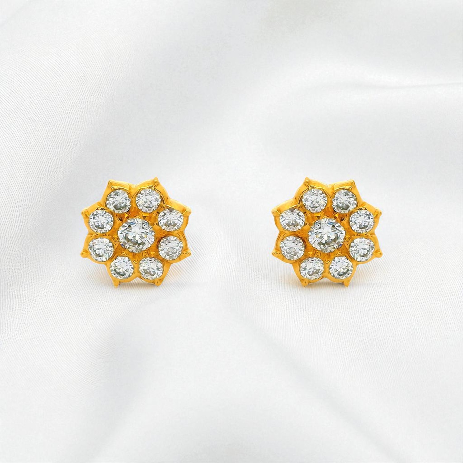 Gold Ear Studs with White Cubic Zirconia Cluster