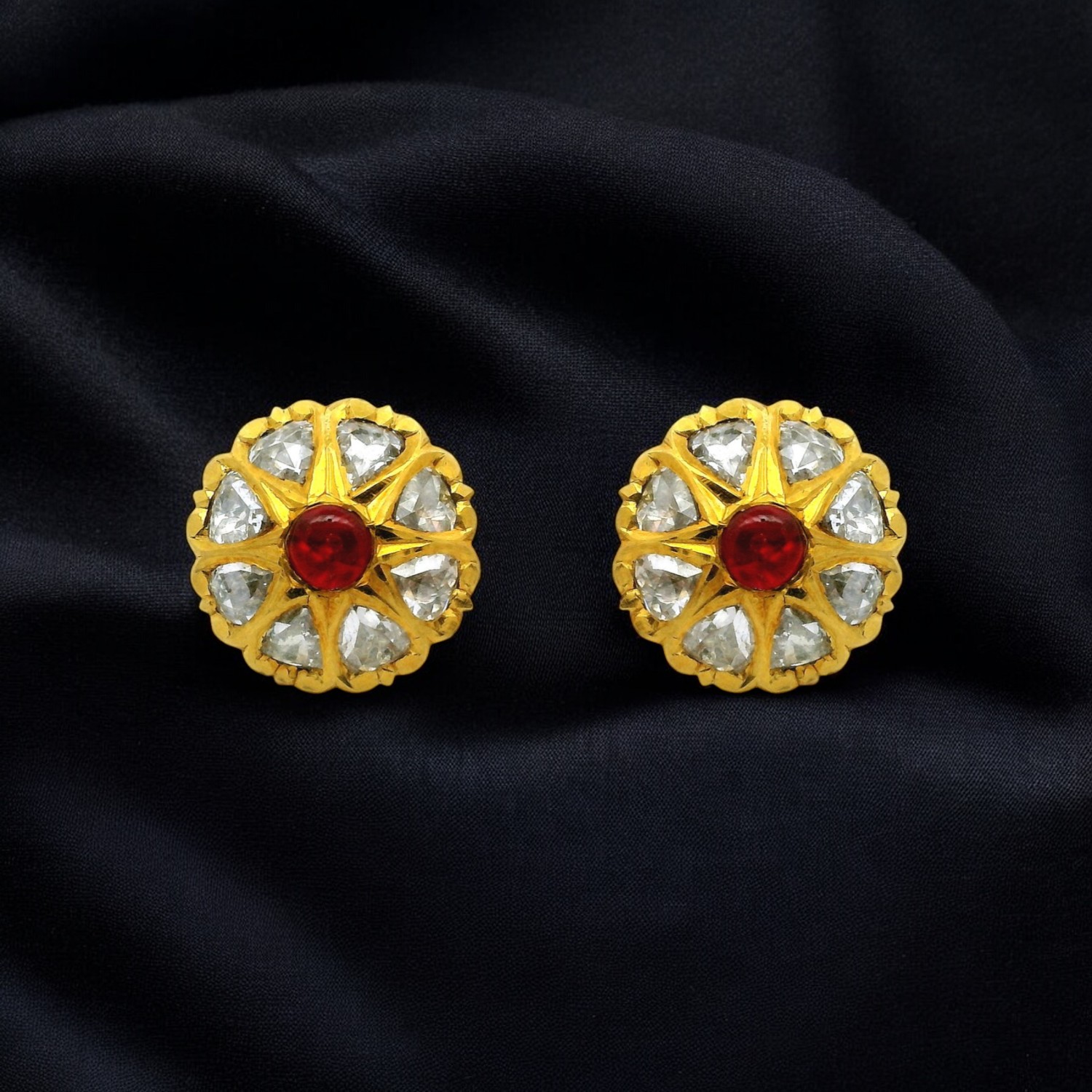 Gold Ear Studs with Rose Cut Diamonds and Ruby Cabochon
