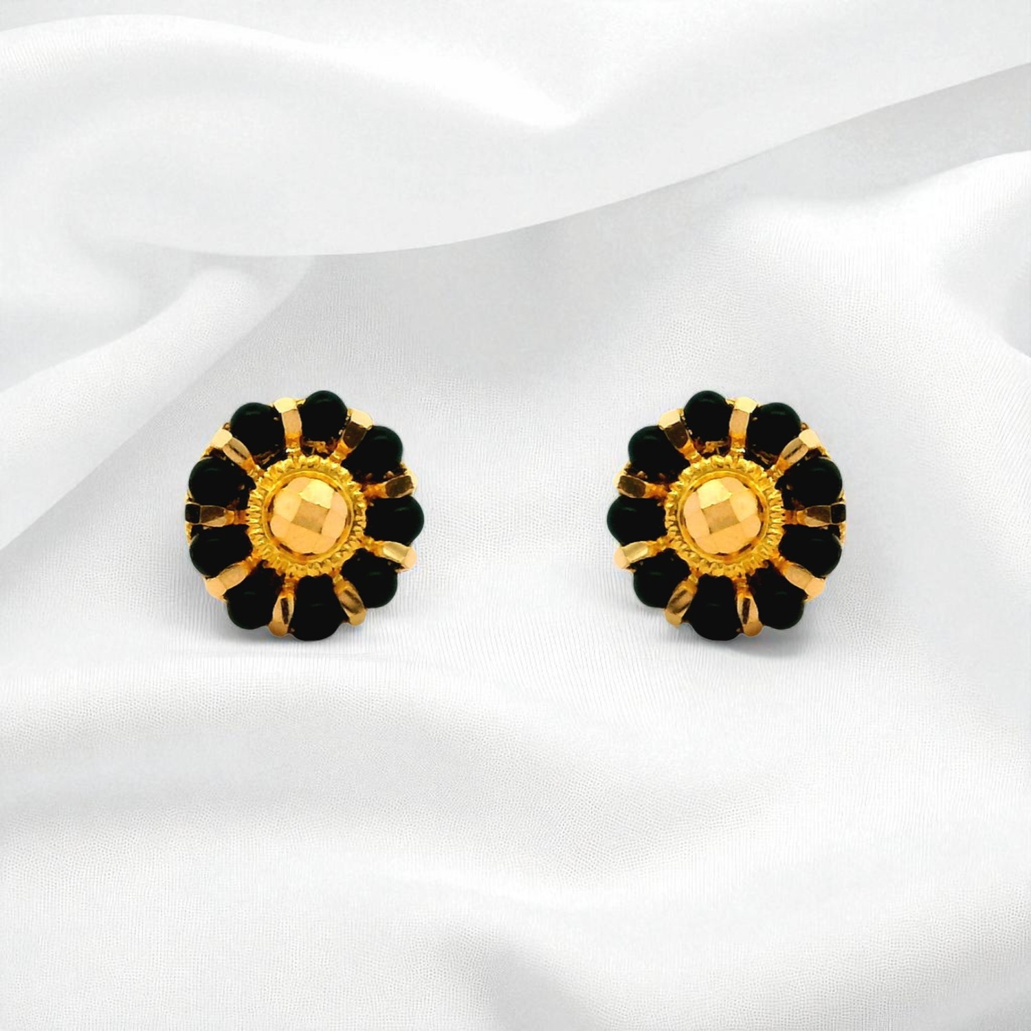 Gold Ear Studs with Black Beads