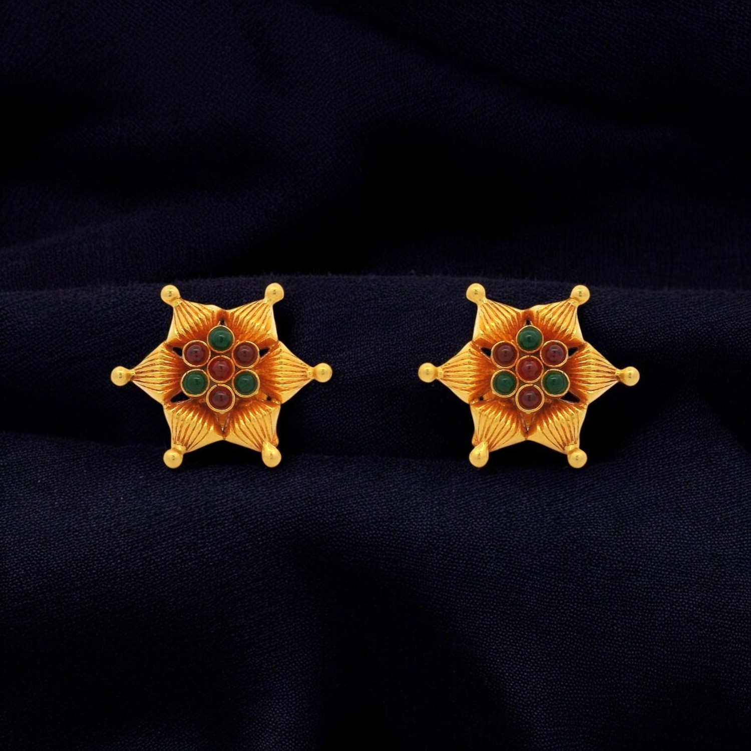 Regal Gold Ear Studs with Red & Green Stones