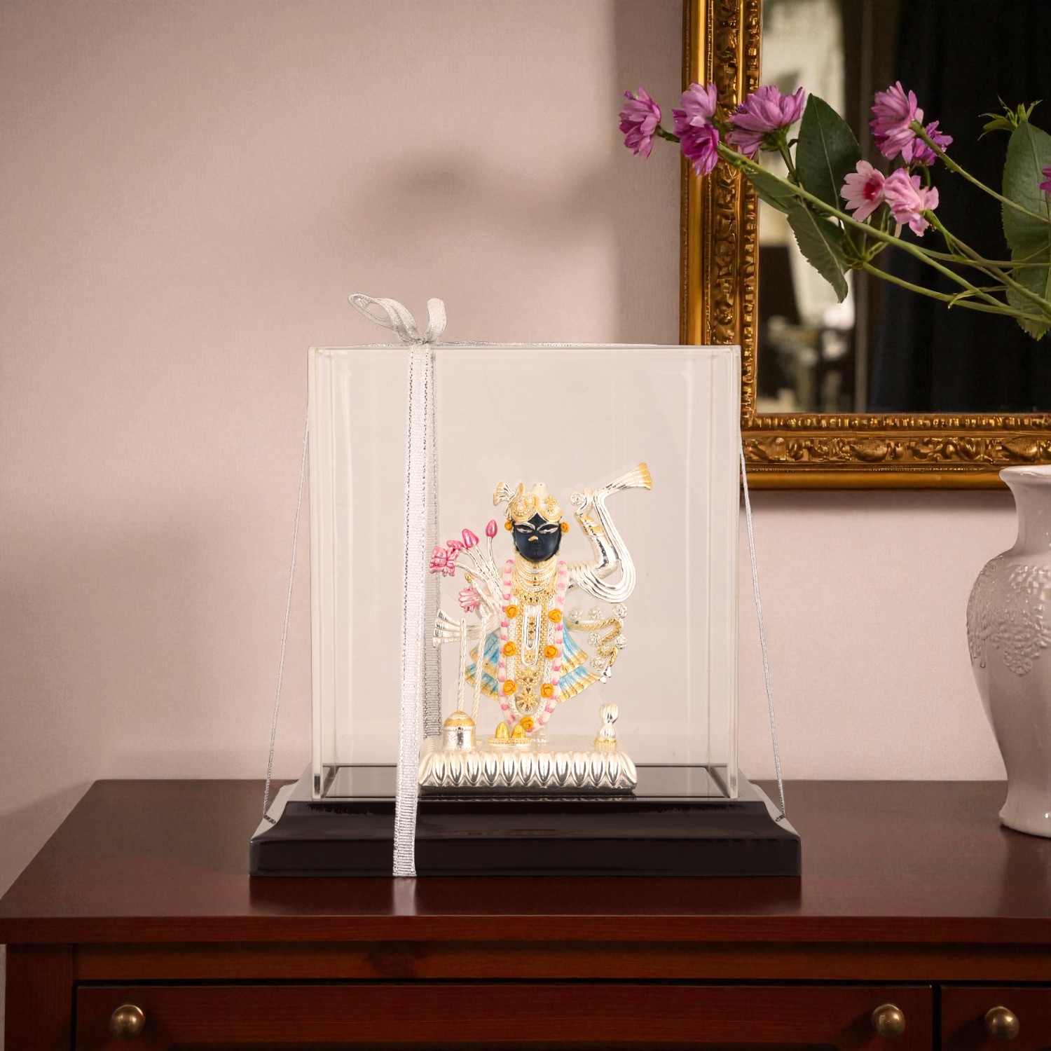 Exquisite Silver Electroformed Shrinathji Idol in Protective Display Case