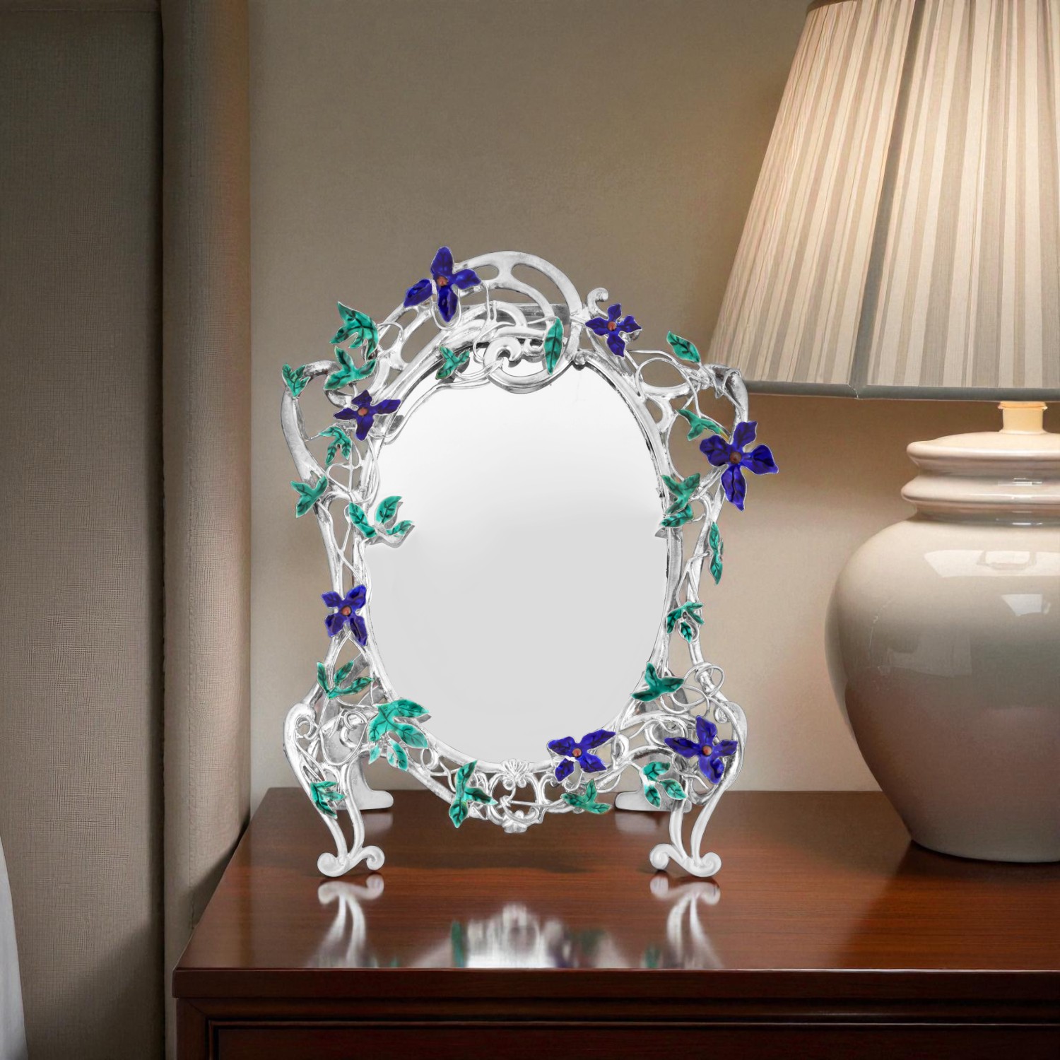 Ornate Sterling Silver Mirror – Handcrafted Floral Luxury Décor Piece