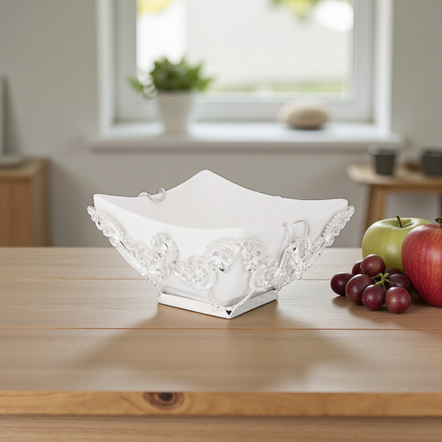 Ornate Silver Fancy Dish with Intricate Embossed Detailing