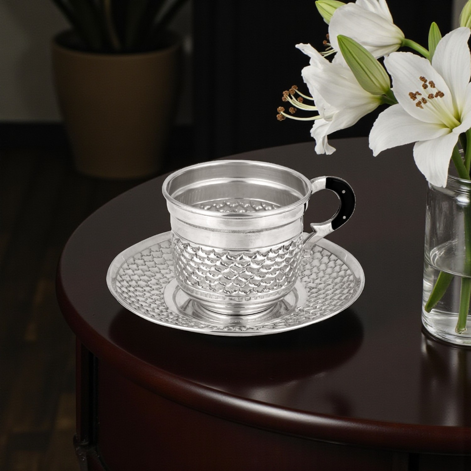 Handcrafted Silver Textured Cup & Saucer Set