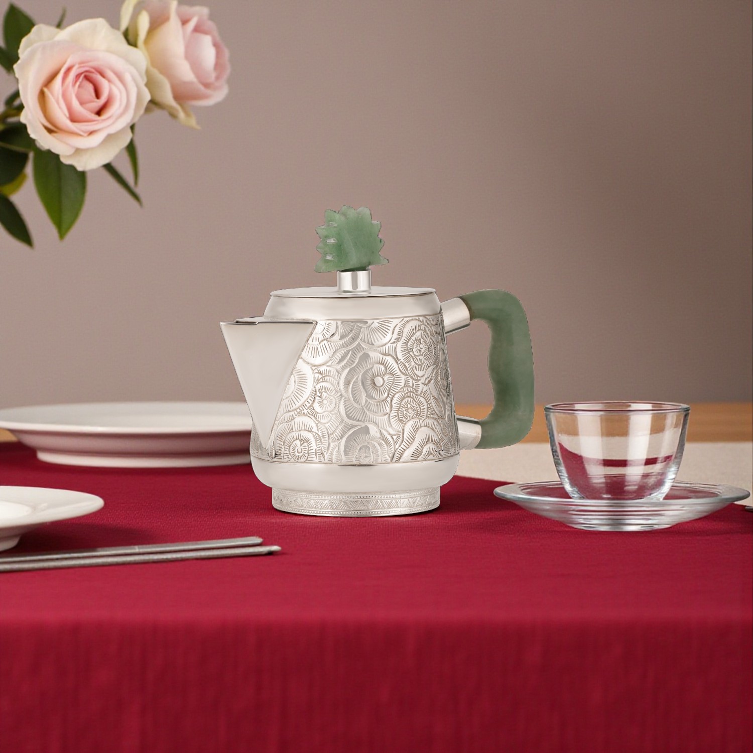 Handcrafted Silver Engraved Jug with Nephrite Handle & Finial