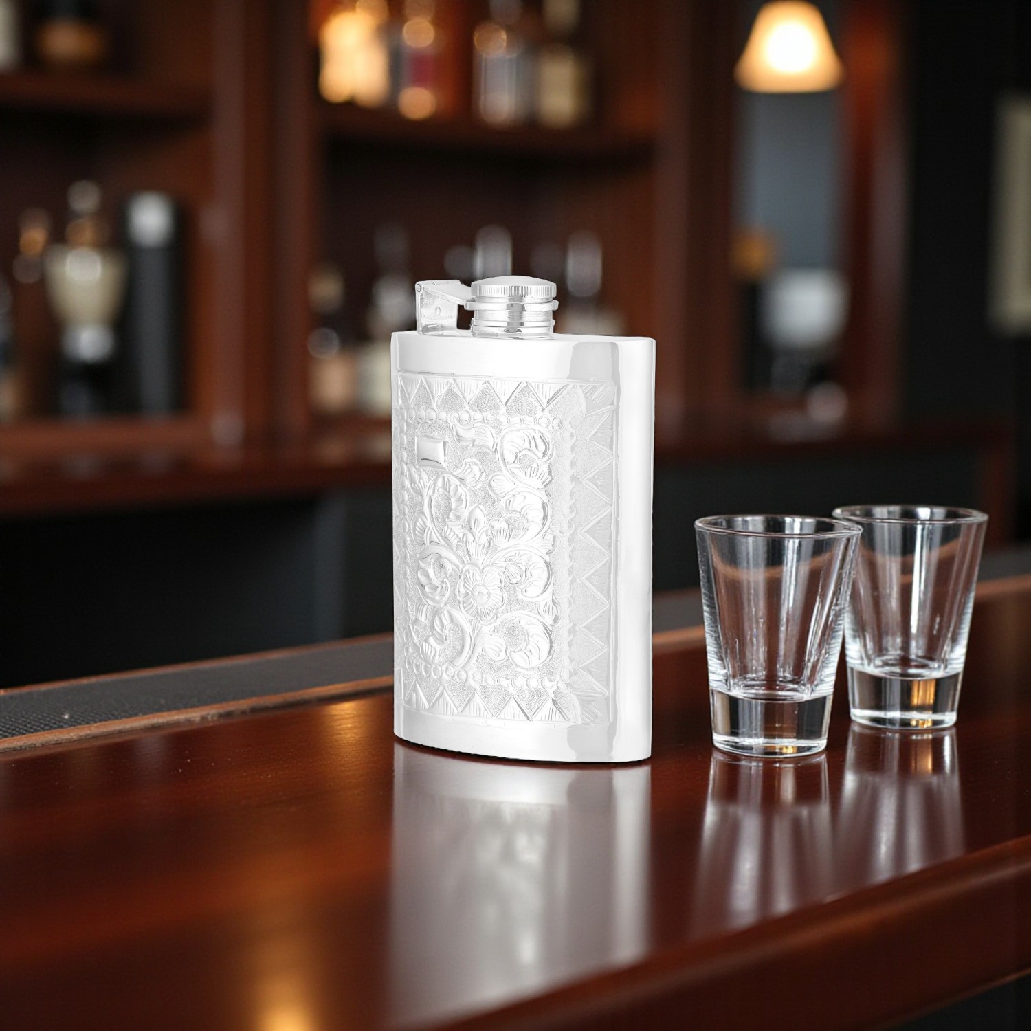 Engraved Pure Silver Hip Flask with Floral Detailing