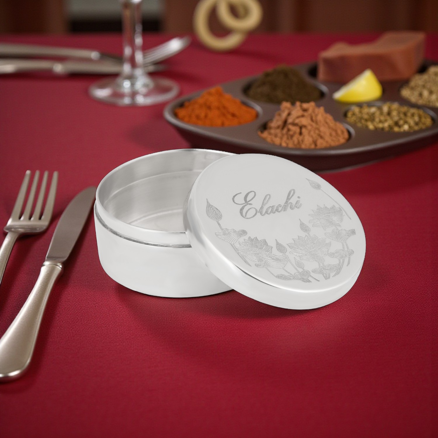 Engraved Pure Silver Round Box – Elachi Storage Container