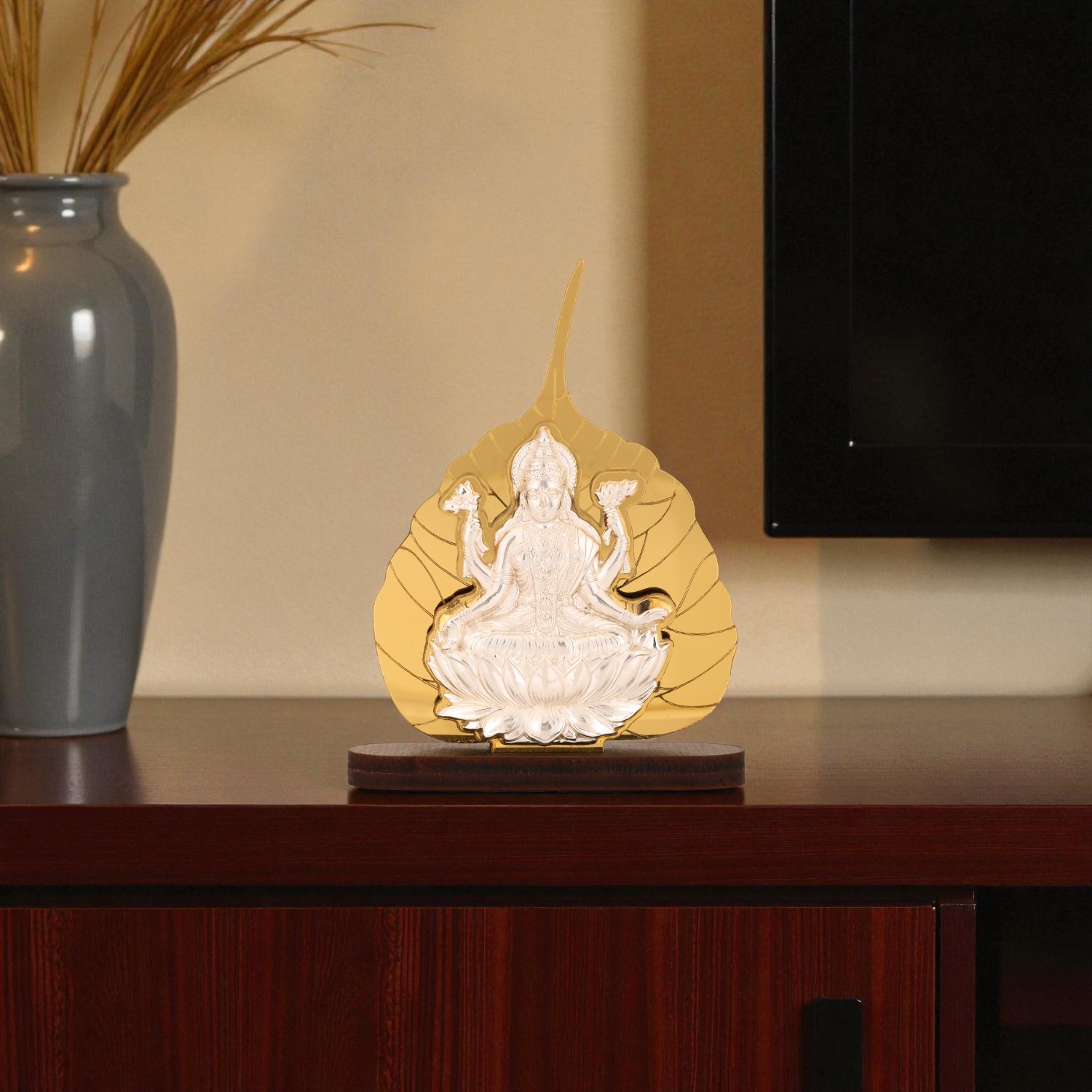 Silver Embossed Lakshmi Photo Frame – Divine Idol with Gold Leaf Backdrop