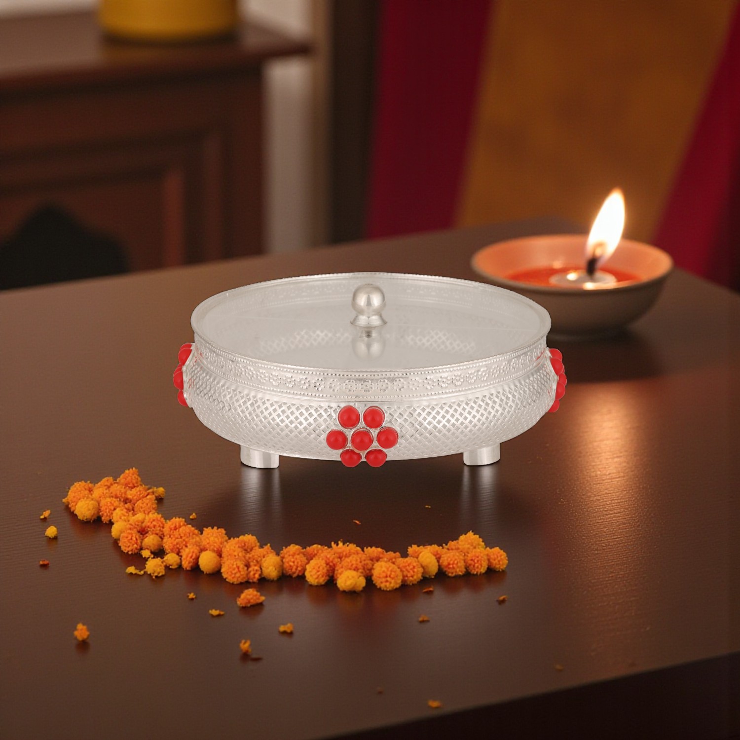 Handcrafted Silver Decorative Box with Red Floral Accents
