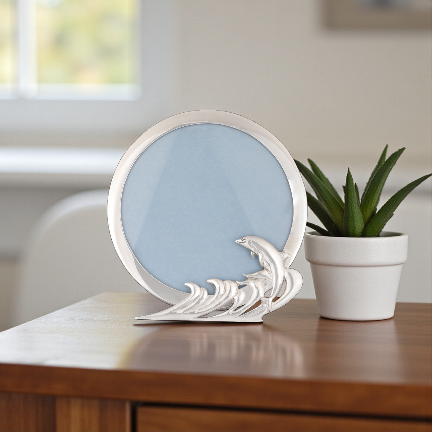 Contemporary Silver Round Photo Frame with Dolphin Motif