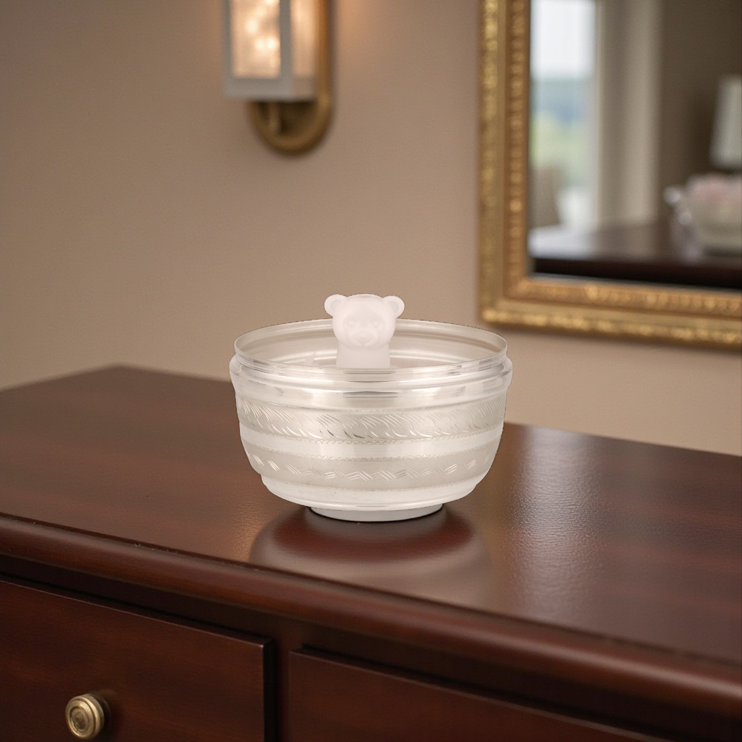 Engraved  Silver Powder Box with Protective Lid