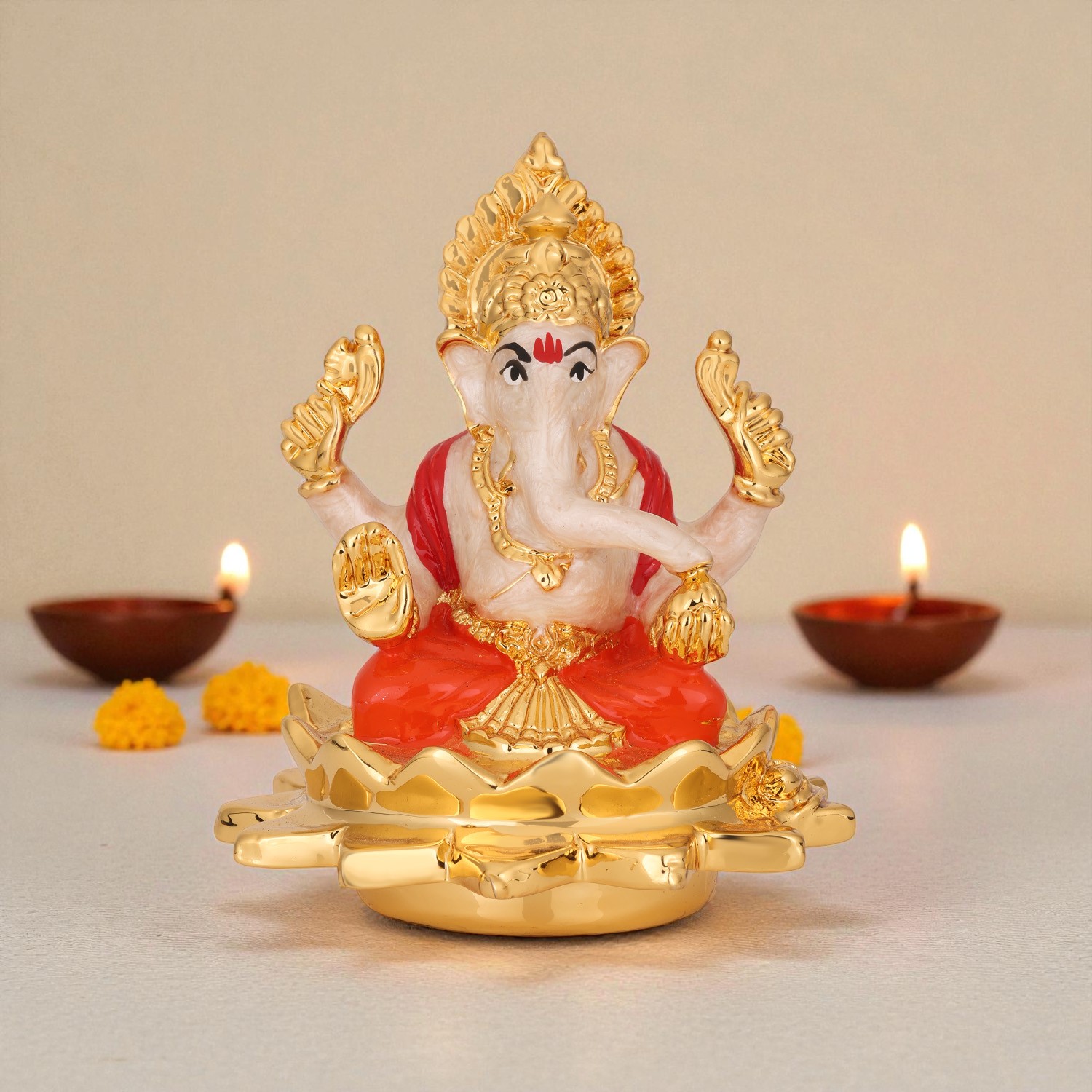 Pearl-Finish Kamal Ganesha Figurine
